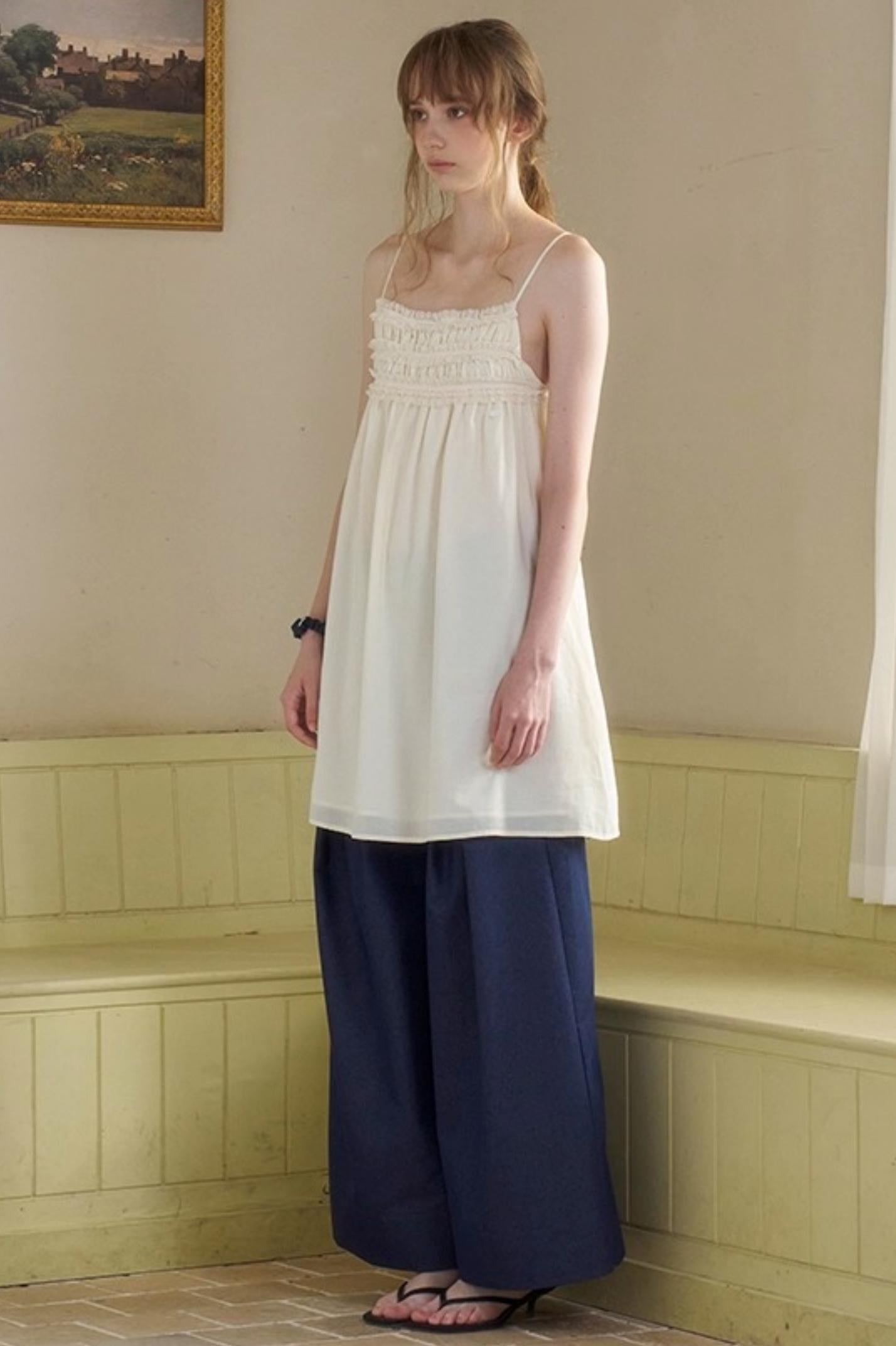 Cow Blue Pleated Denim Wide-Leg Pants Set-Up