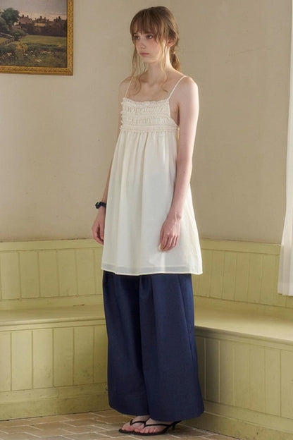 Cow Blue Pleated Denim Wide-Leg Pants Set-Up