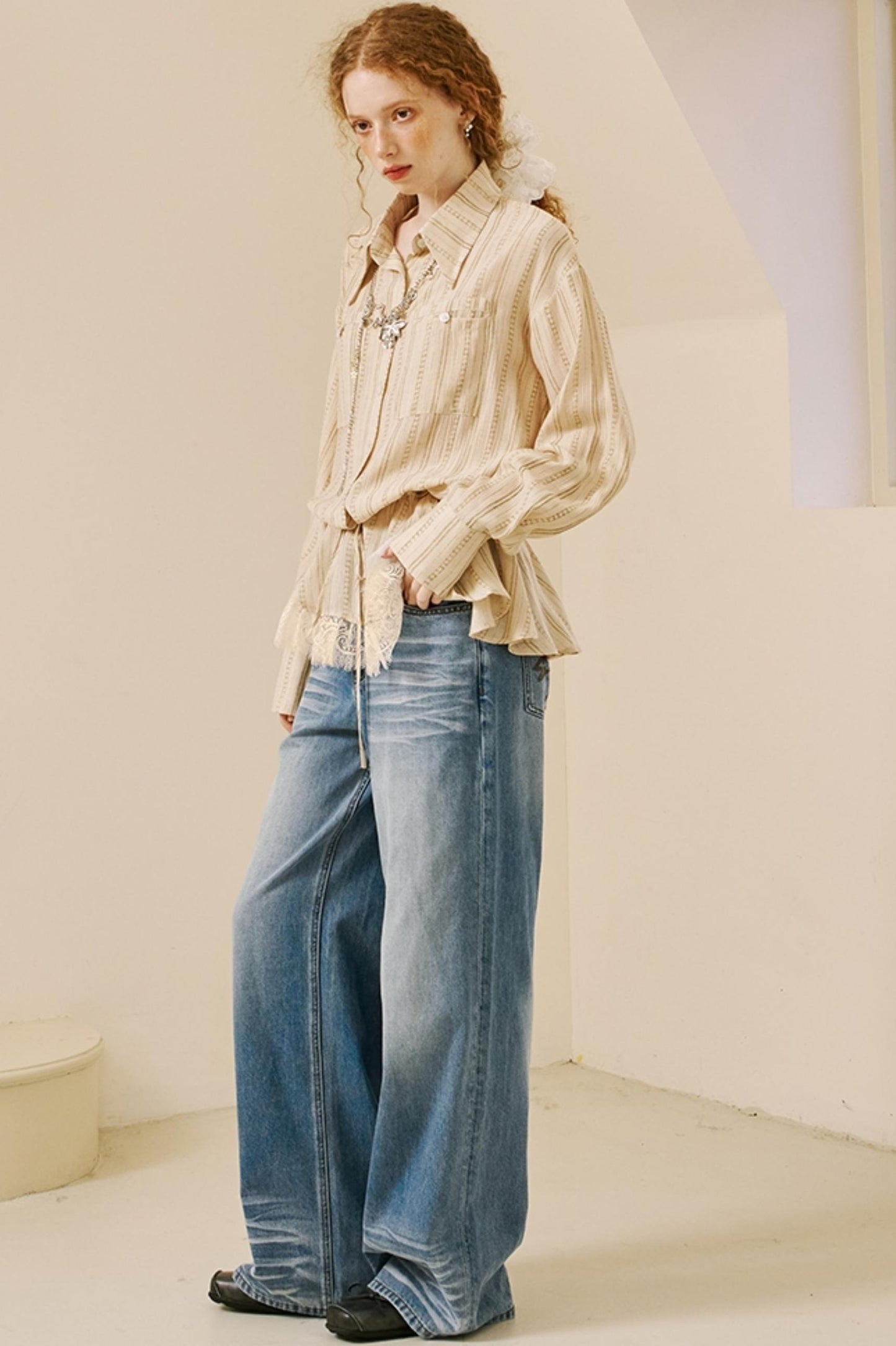 Vintage Lace-Trimmed Drawstring Shirt