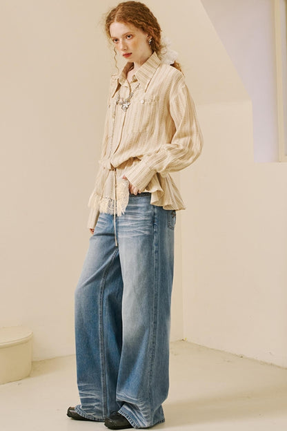 Vintage Lace-Trimmed Drawstring Shirt