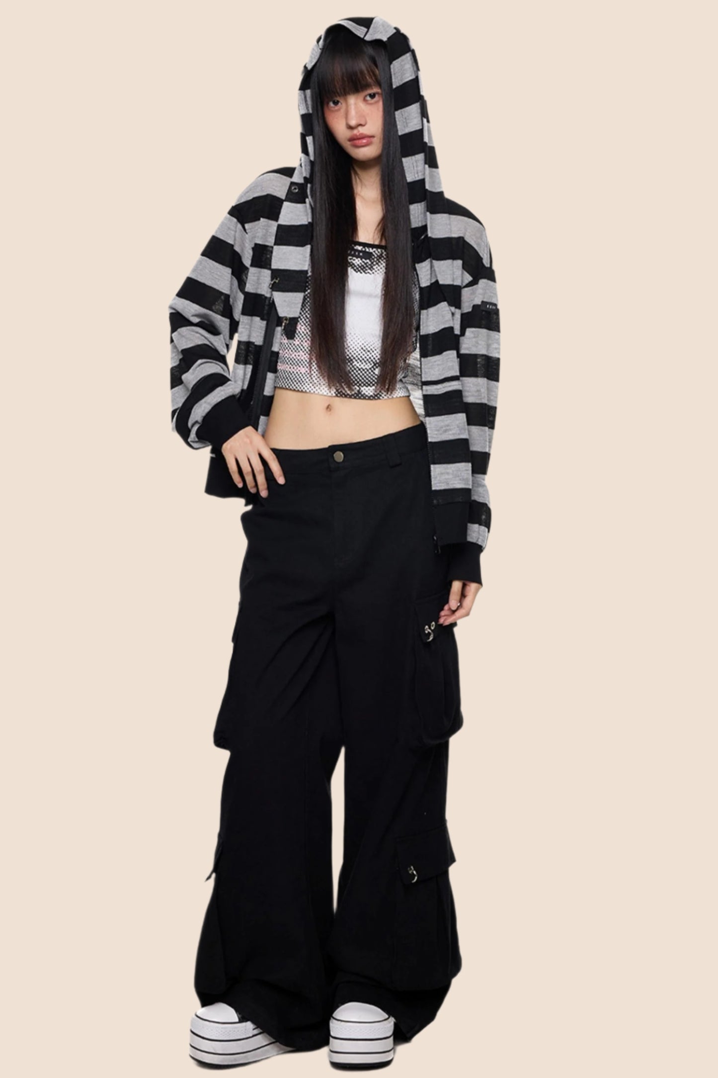 Rabbit Ears Stripe Hooded Long Sleeve Cardigan