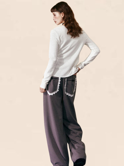 White Trim waist Long Loose Pants