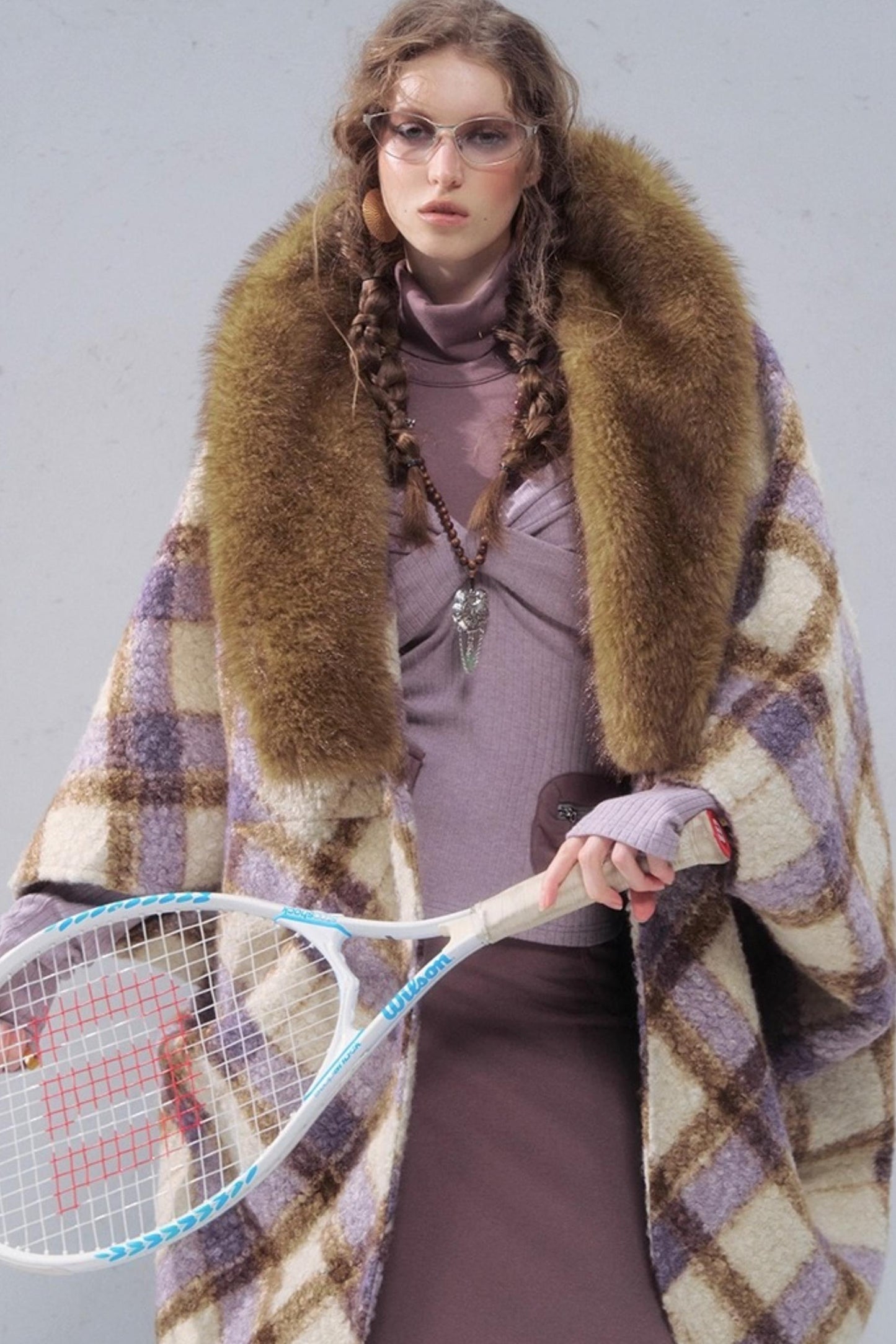 Plaid Fur Collar Woolen Coat