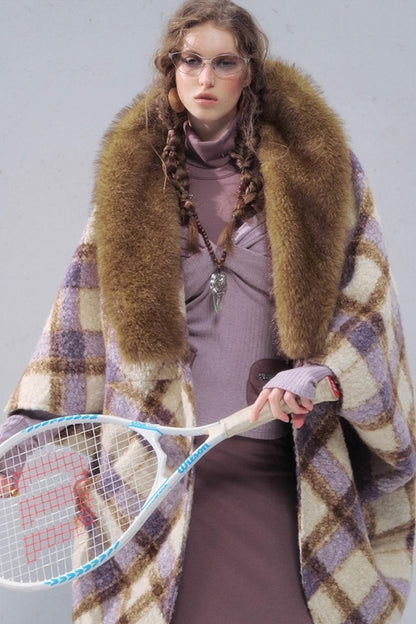 Plaid Fur Collar Woolen Coat