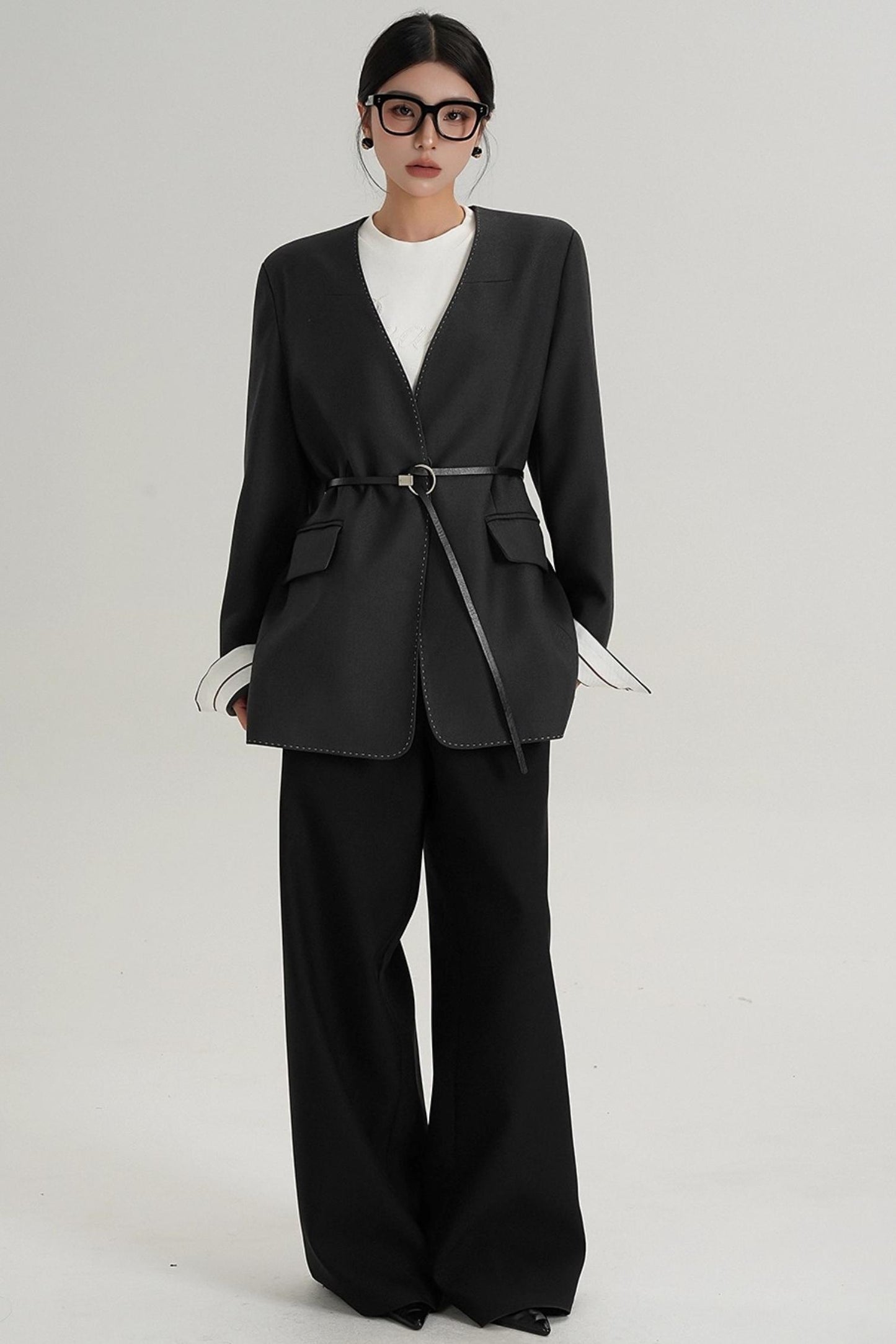 High-End Belted Long Sleeve Blazer