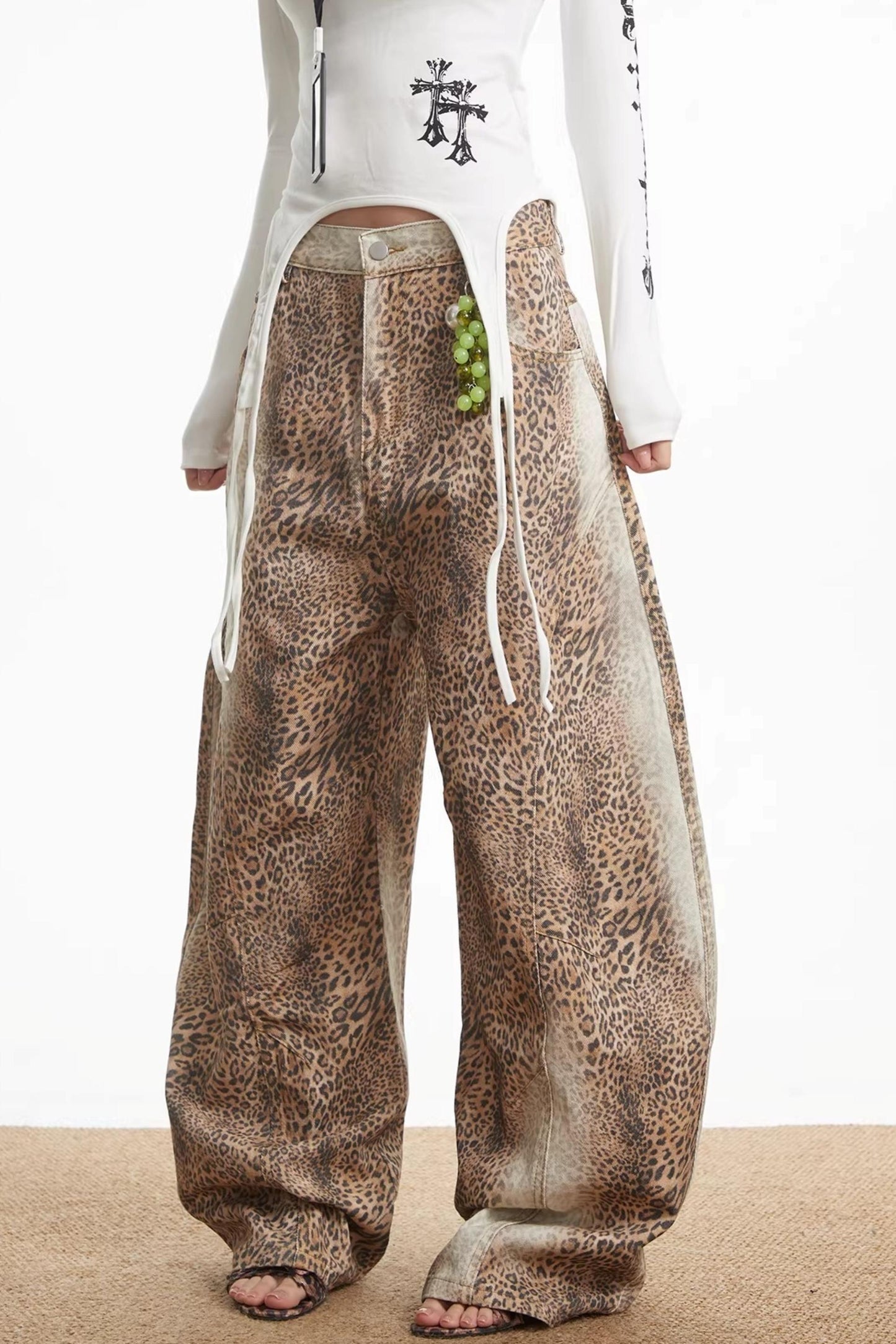 Retro Leopard Print Denim Pants