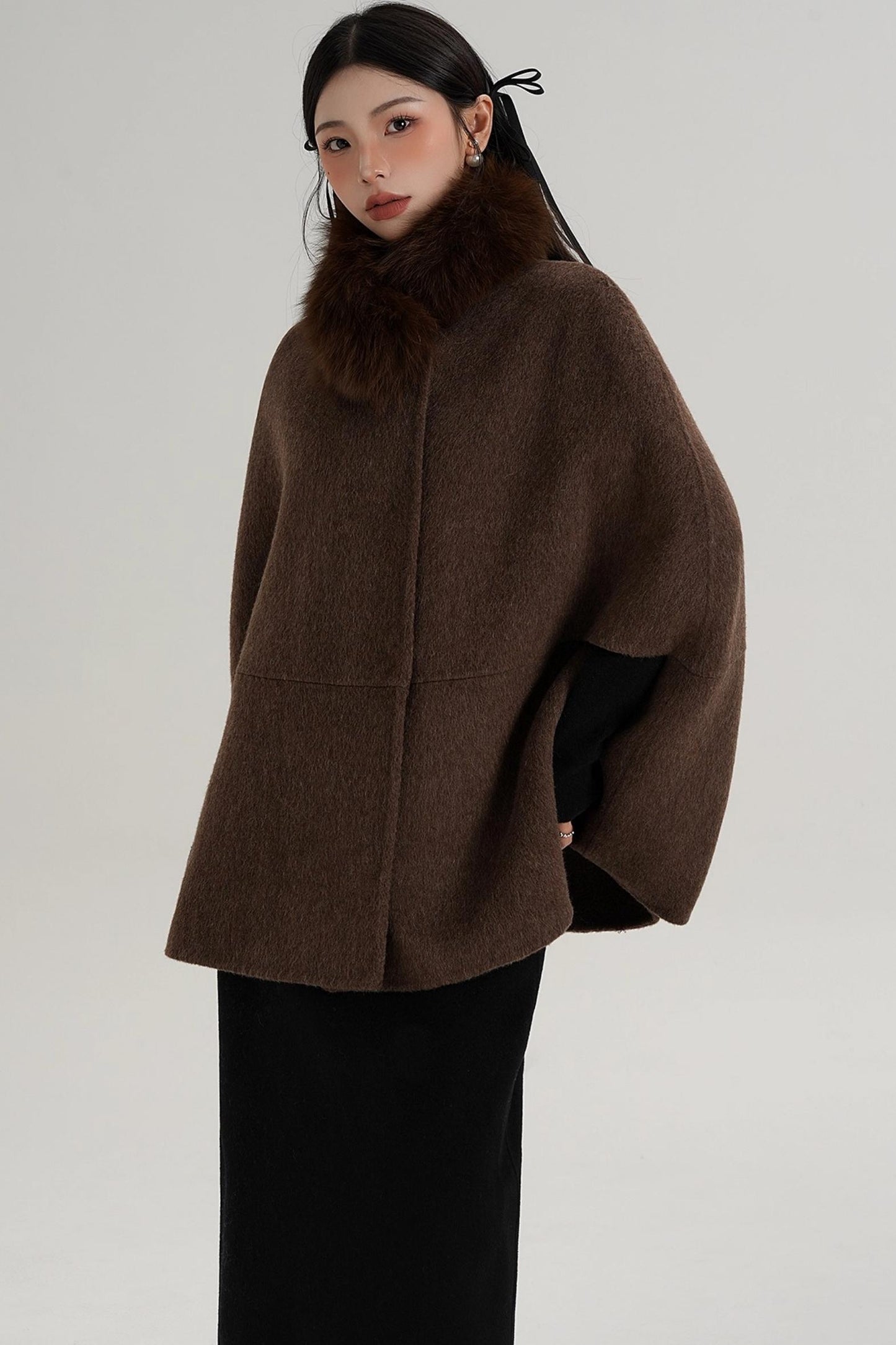 Elegant Fox Fur Wool Cape Coat