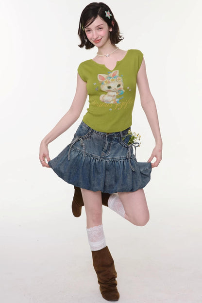 Green Rabbit Print Top