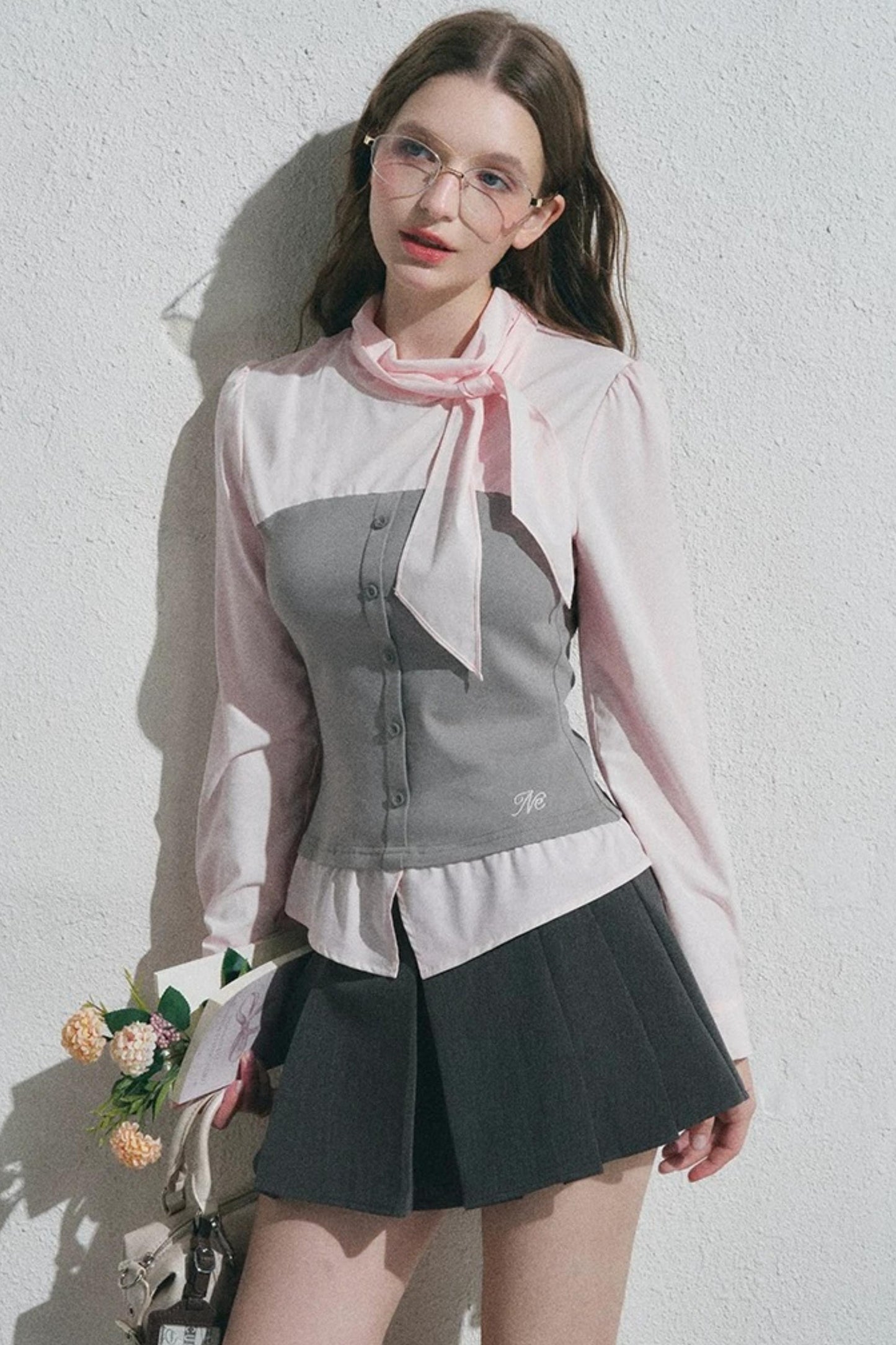 Bow Tie Spliced Shirt and Pleated Mini Skirt Set-Up