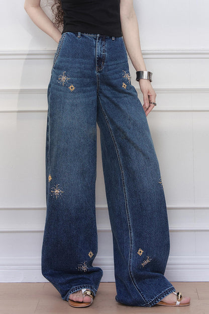 Blue Star Embroidered Wide-Leg Jeans