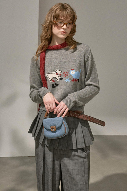 Kitten Puppy Embroidered Wool Blend Top