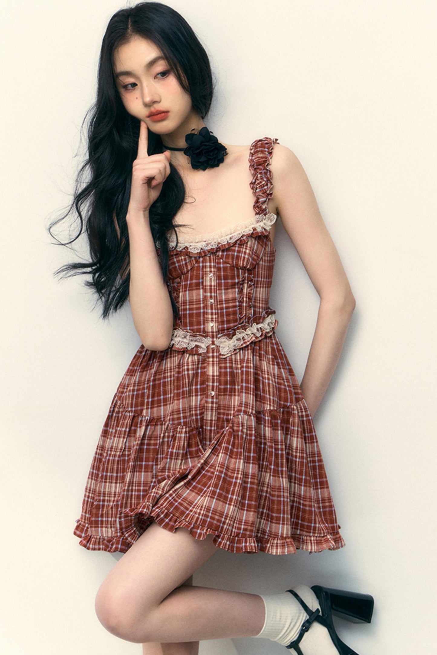 Pink Plaid Ruffle Lace Cami Dress