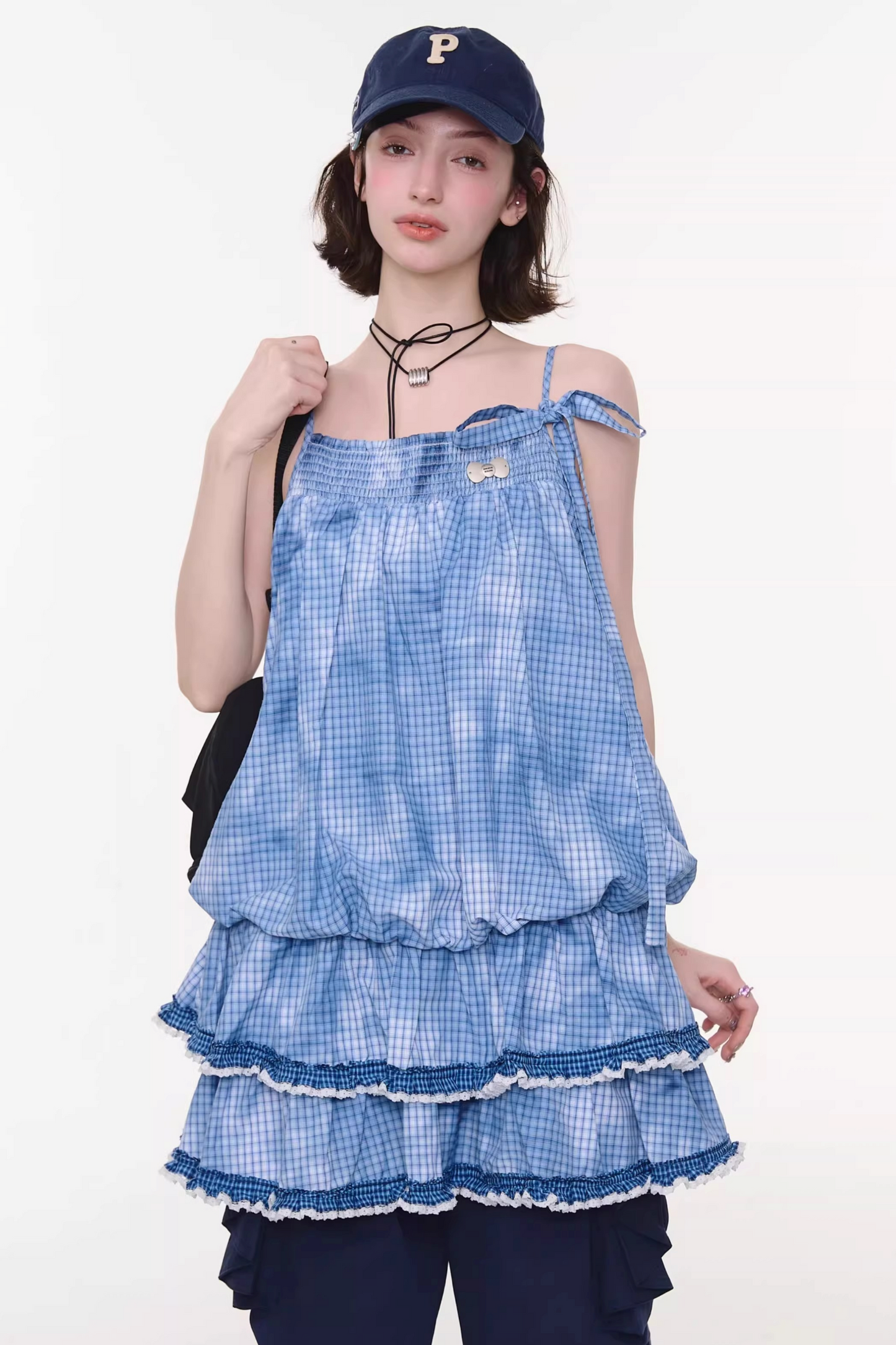 Summer Blue Plaid Lace Dress
