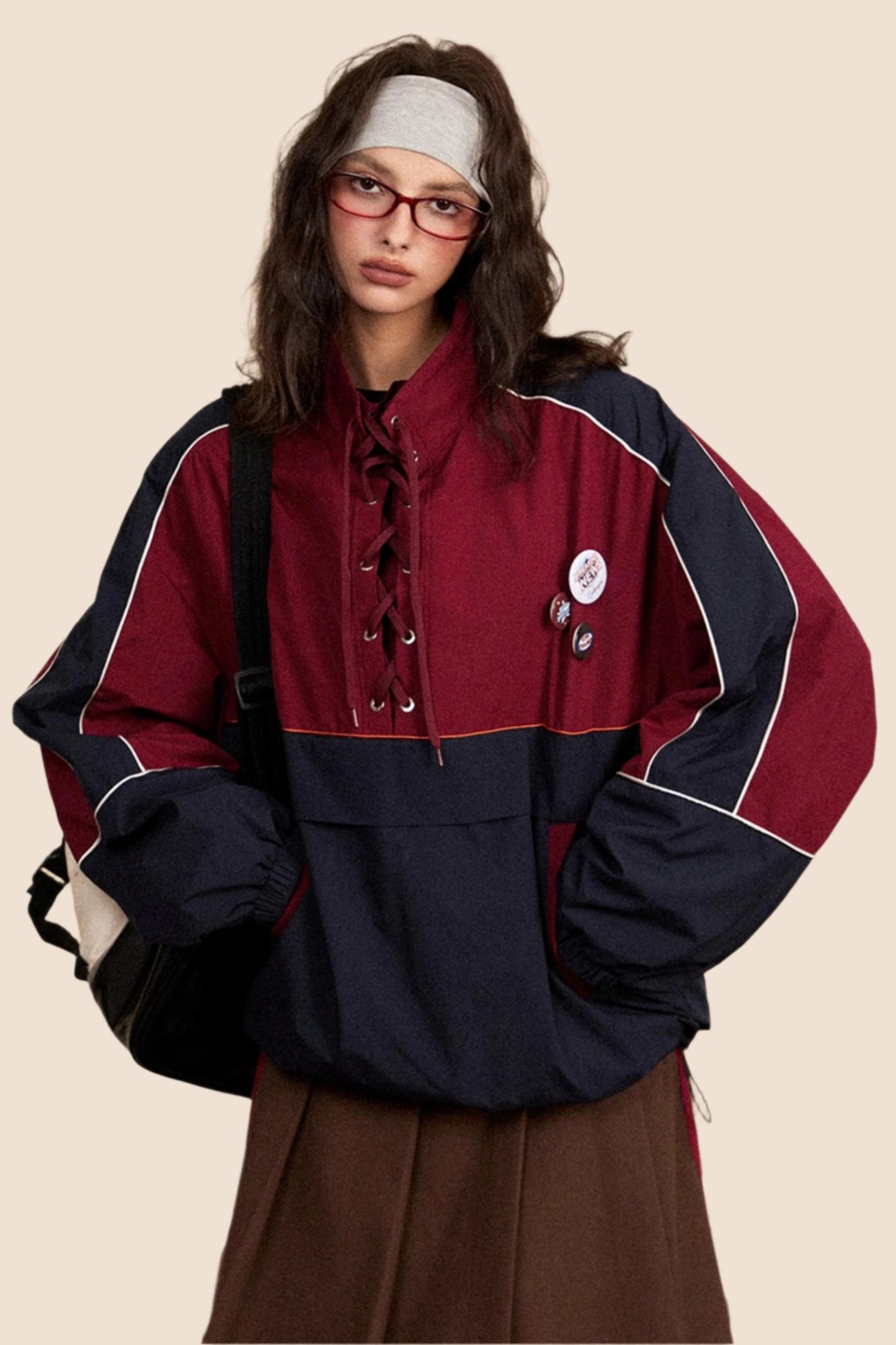 EZEK American Vintage Drawstring Stand Collar, Contrast Panel, Pullover Plus Cotton Padded Sweatshirt, Women's Loose Track Jacket