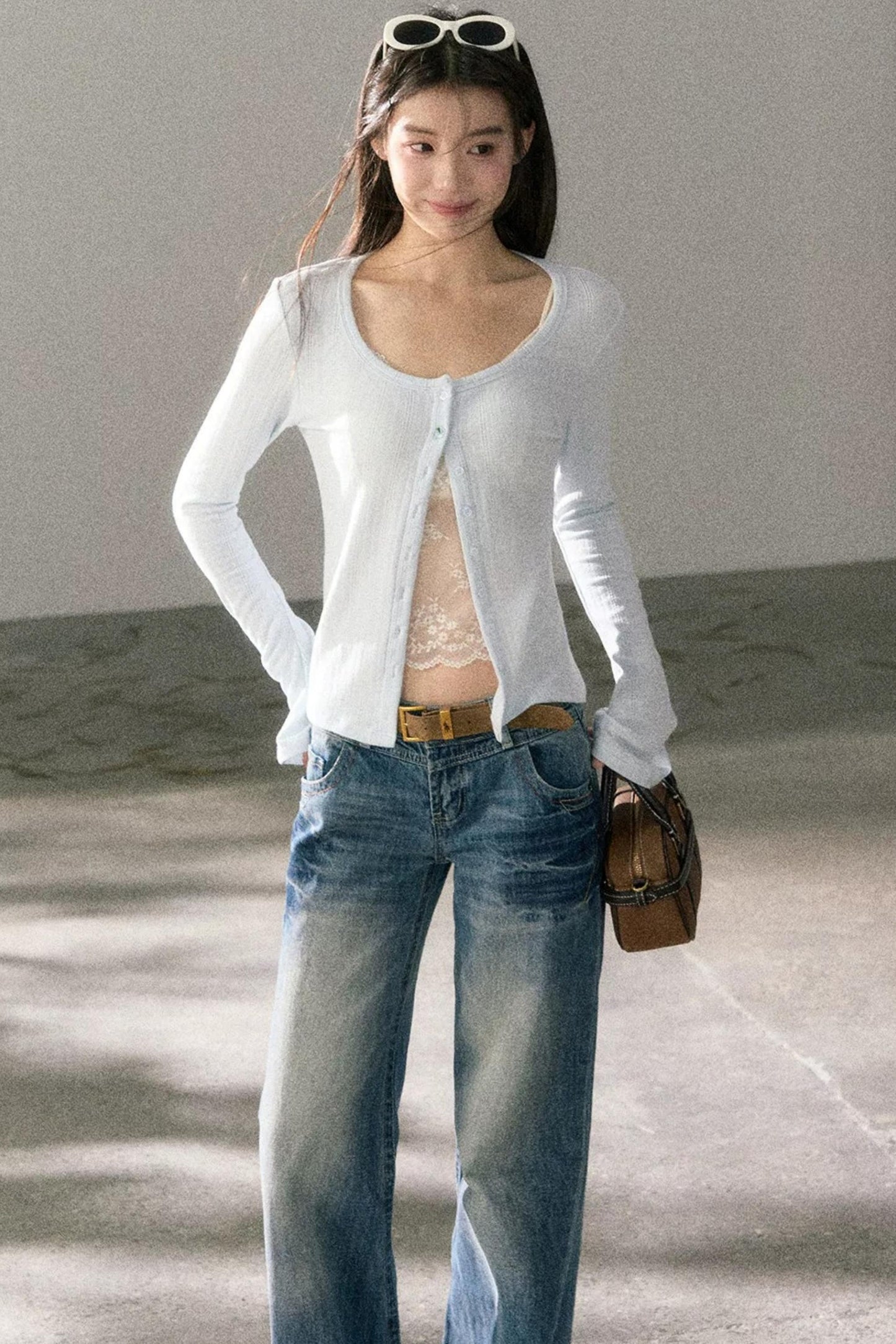 Lace-Detail Micro-Flare Knit Top