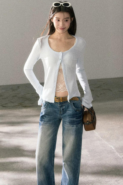 Lace-Detail Micro-Flare Knit Top