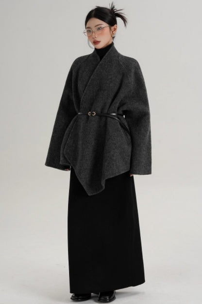 Elegant Lace-Up Woolen Coat