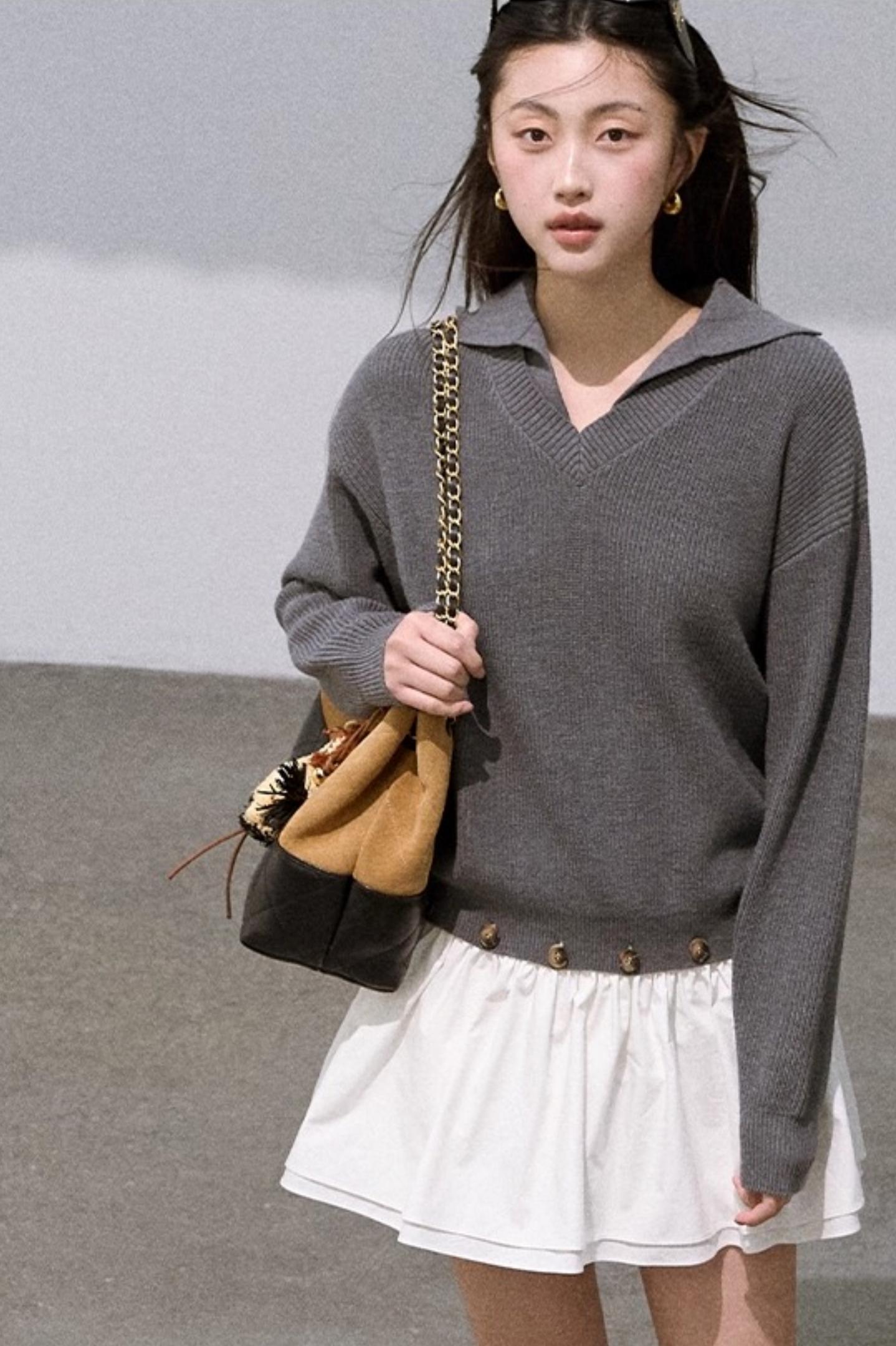 Wool V-Neck Detachable Skirt Dress