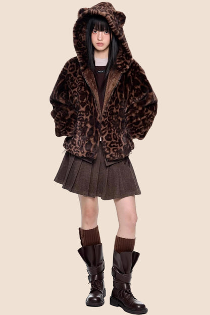 Leopard Print Hooded Furry Cotton Jacket