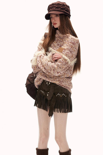 Mixed Yarn Slanted Shoulder Sweater