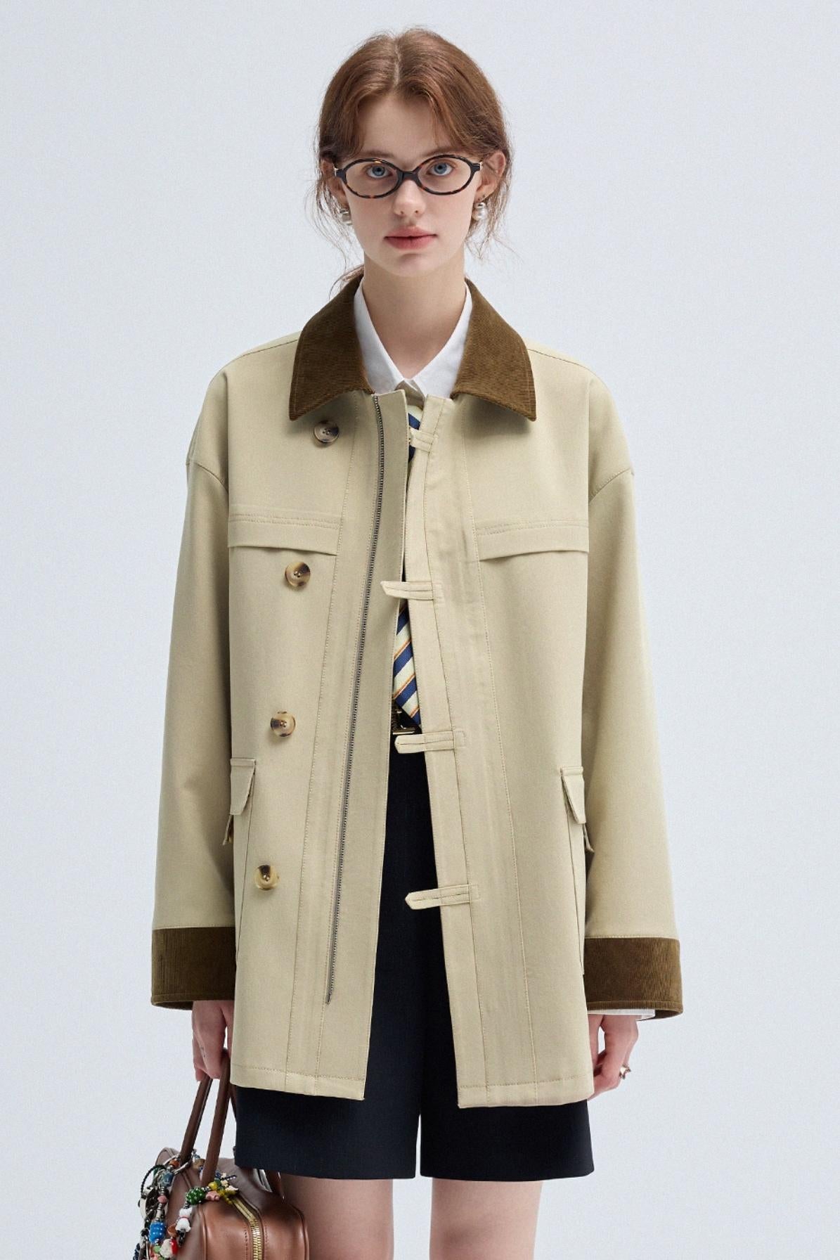 Fall Corduroy Collar Trench Jacket