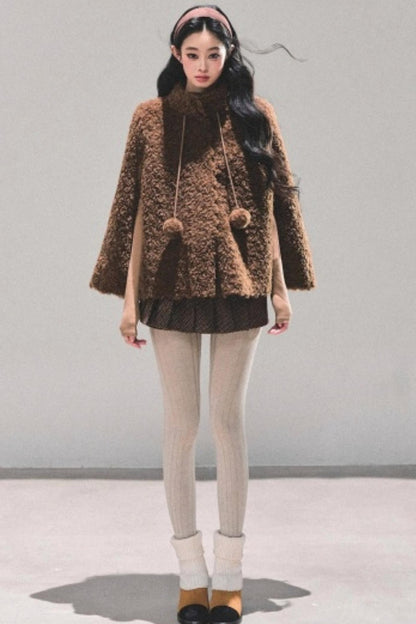 Korean-Style Lamb Wool Cape Coat