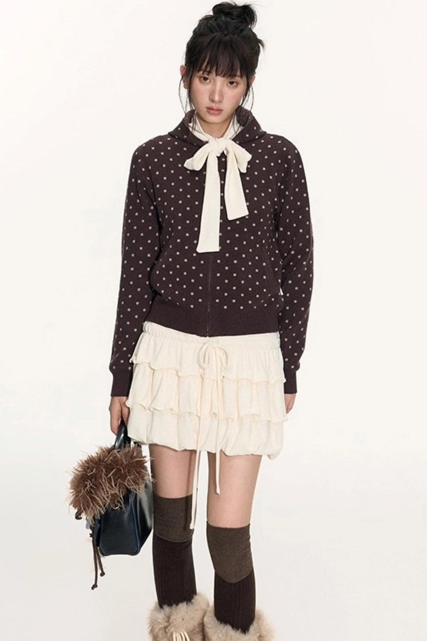Polka Dot Hooded Knit Sweater Skirt Set-Up