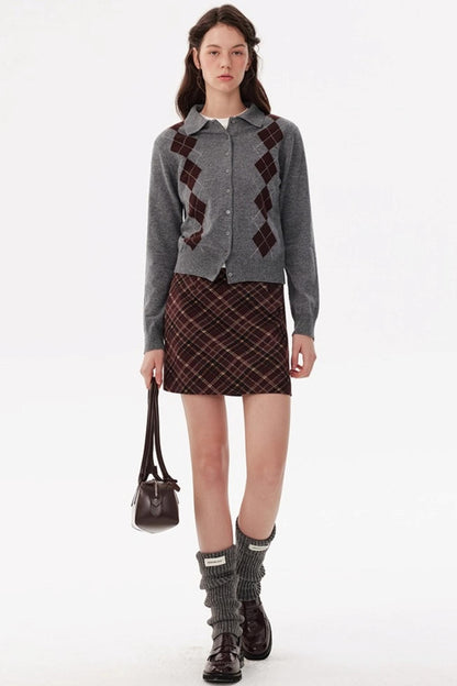 Vintage Red Plaid Woolen A-Line Skirt