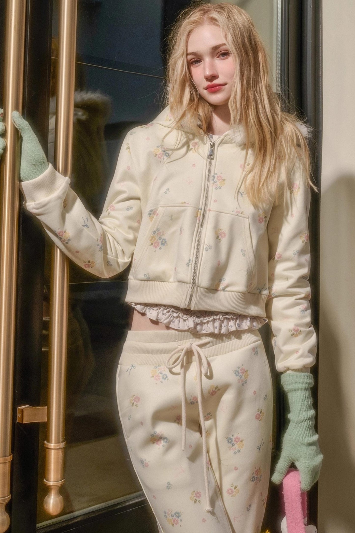 Milky Way Floral Fur Collar Jacket Set-Up