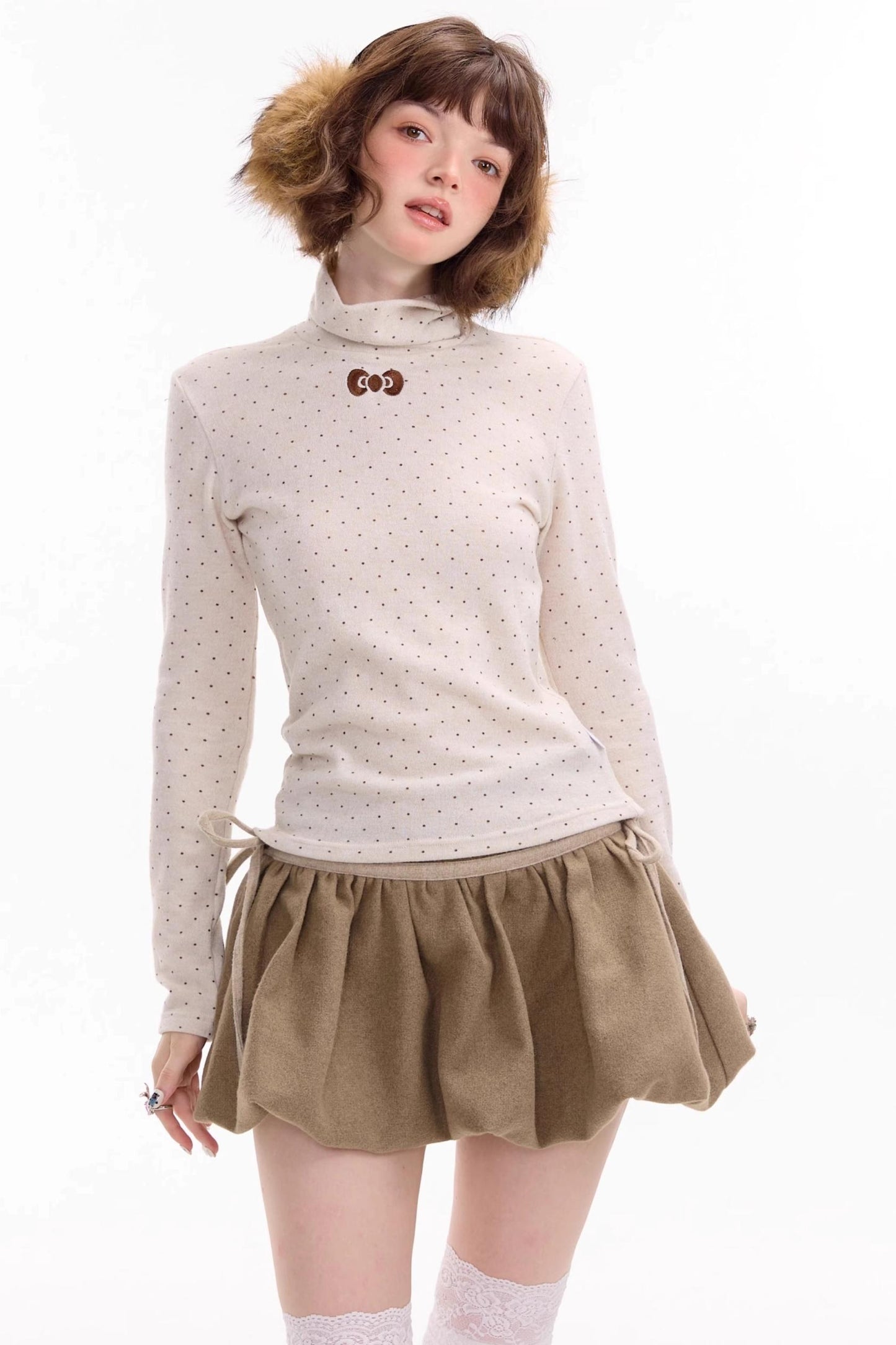 Retro Polka Dot High-Neck Long Sleeve T-Shirt