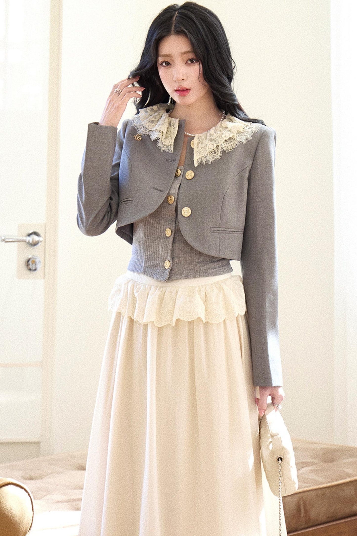 Lace Collar Gray Suit Set-Up