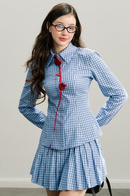 Red Rose Plaid Pleated Skirt Set-Up