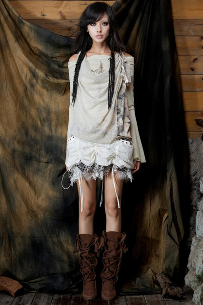 Diamond Collar One-Shoulder Long Sleeve T-Shirt