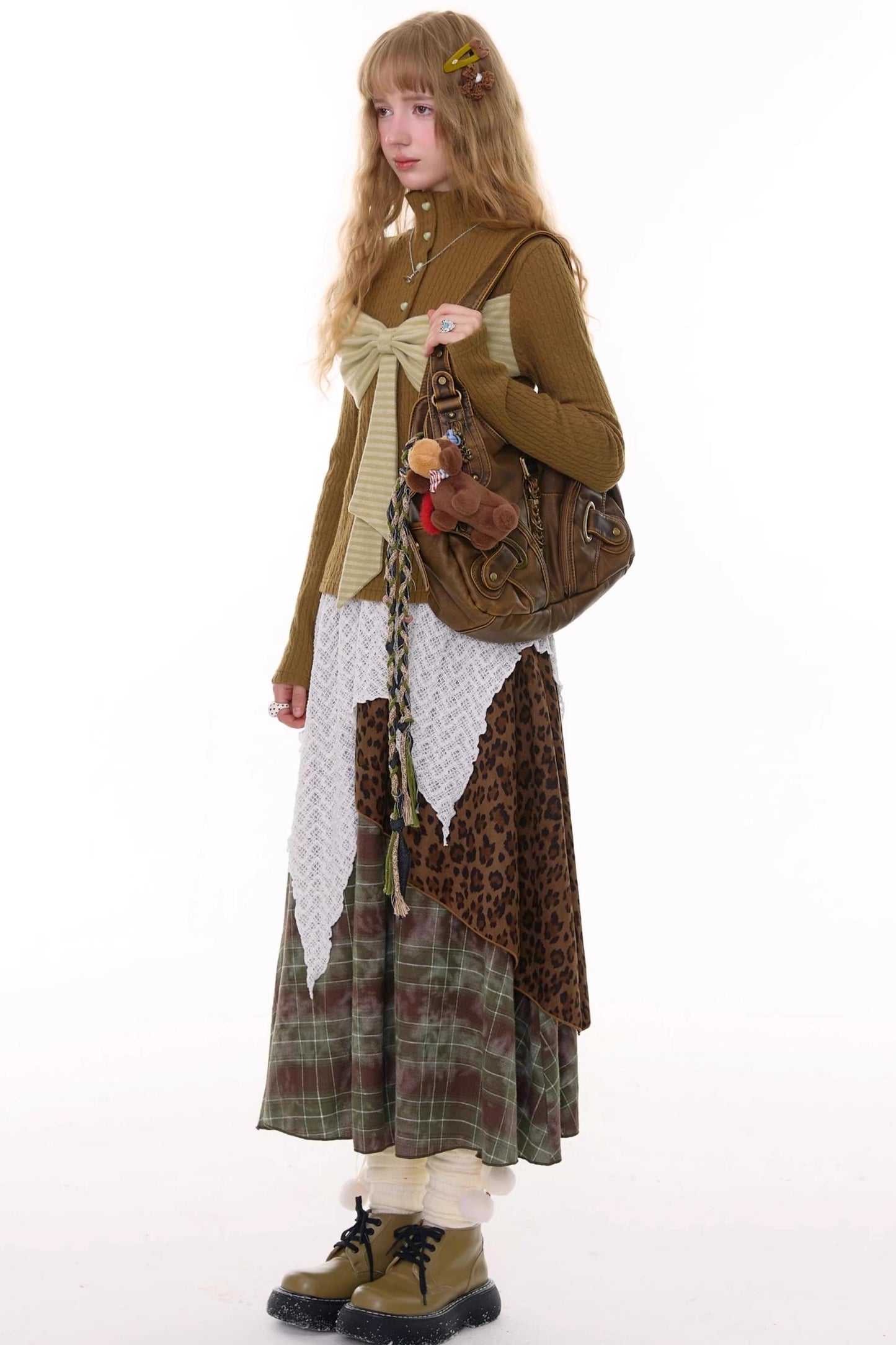 High Waist Irregular Plaid Leopard Print Midi Skirt