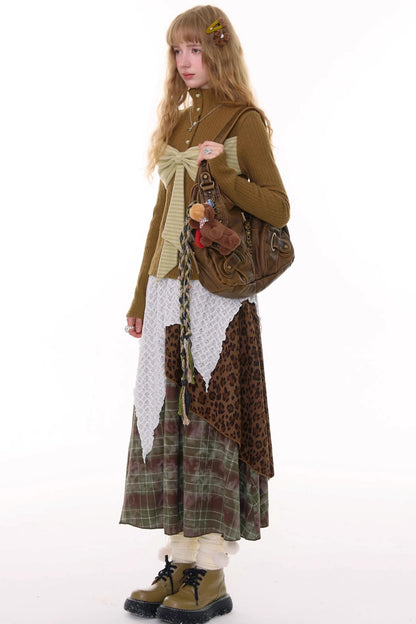 High Waist Irregular Plaid Leopard Print Midi Skirt