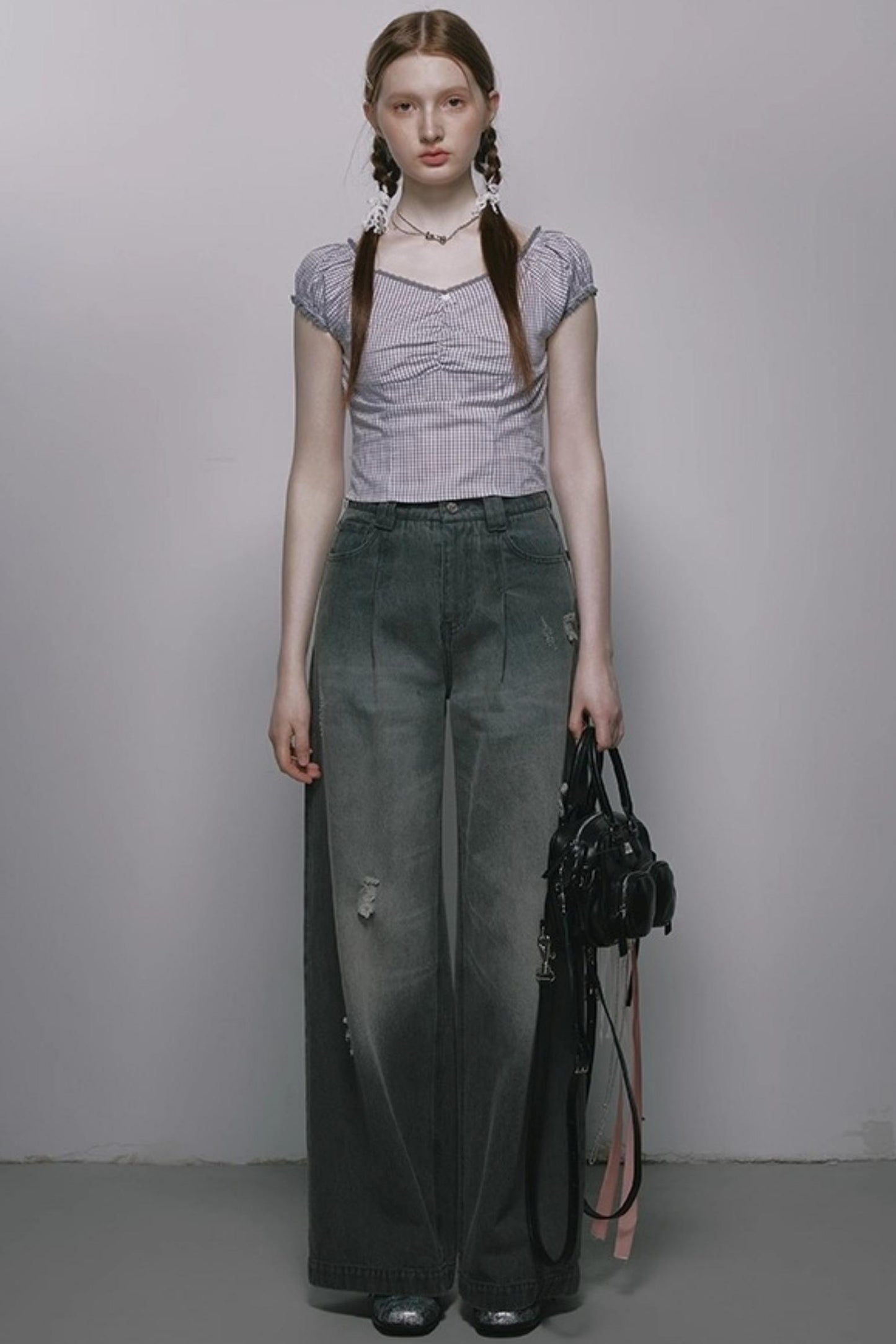 Nap Plaid Puff Sleeve Crop Top