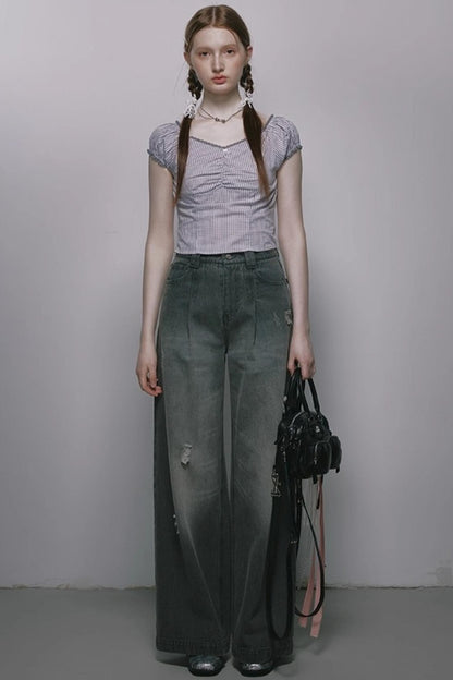 Nap Plaid Puff Sleeve Crop Top