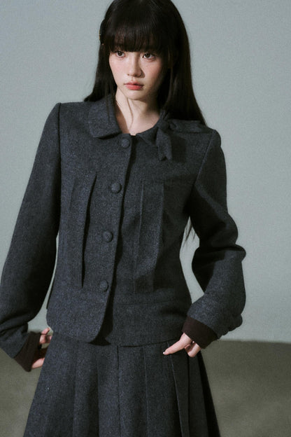 Wool Bow Tie Blazer Suit & Skirt Set-Up