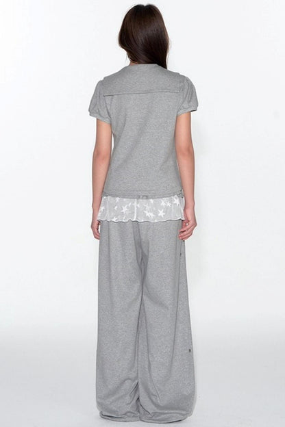 Navy Lace Short Sleeve Cinched Waist Top Set-Up