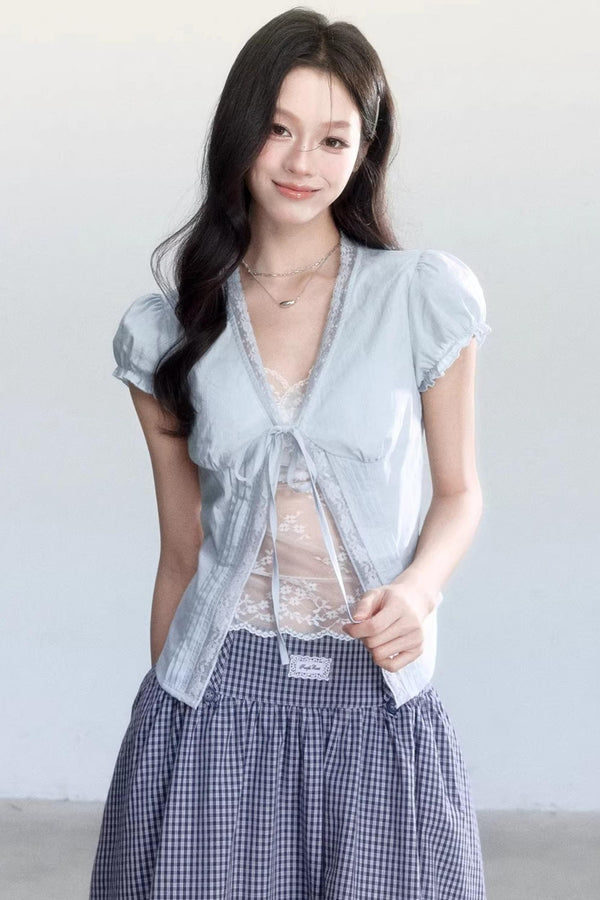 Lace-Up Top and Plaid Skirt Set-Up