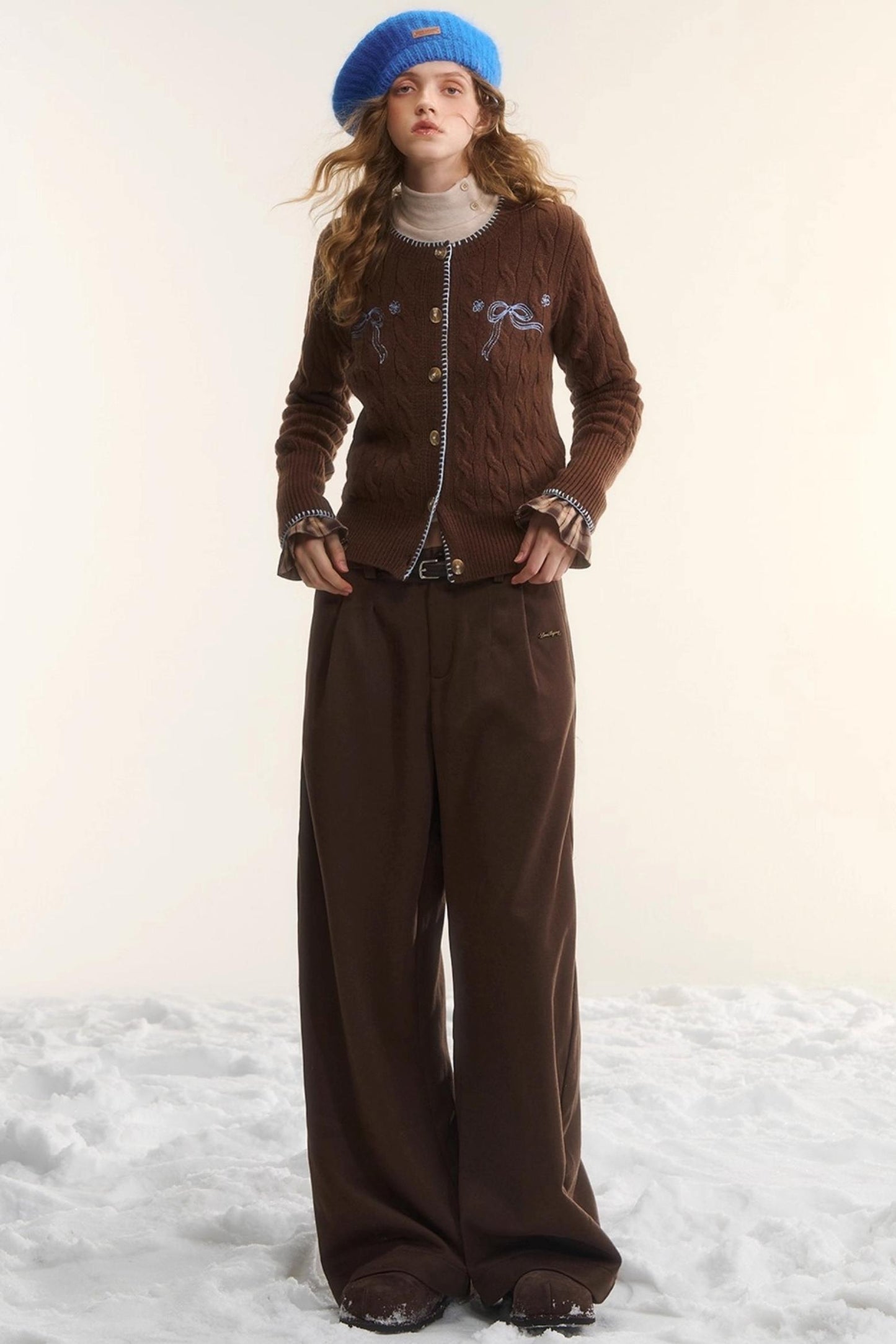 Plaid Fleece-Lined Wide-Leg Pants