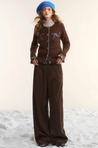 Plaid Fleece-Lined Wide-Leg Pants