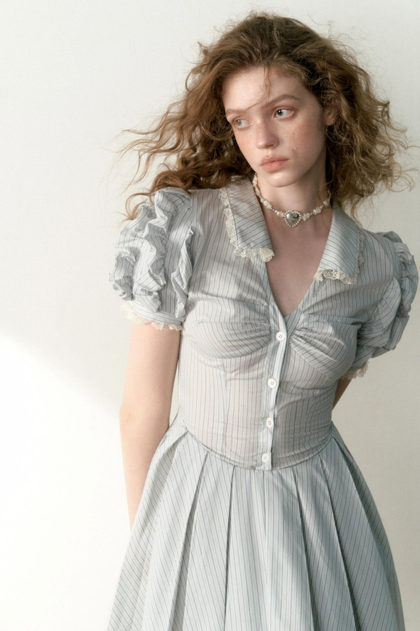 Blue Striped Bubble Sleeve Floral Pleated Dress