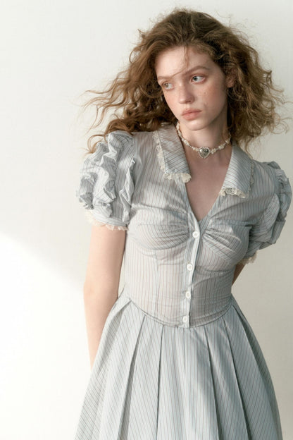 Blue Striped Bubble Sleeve Floral Pleated Dress