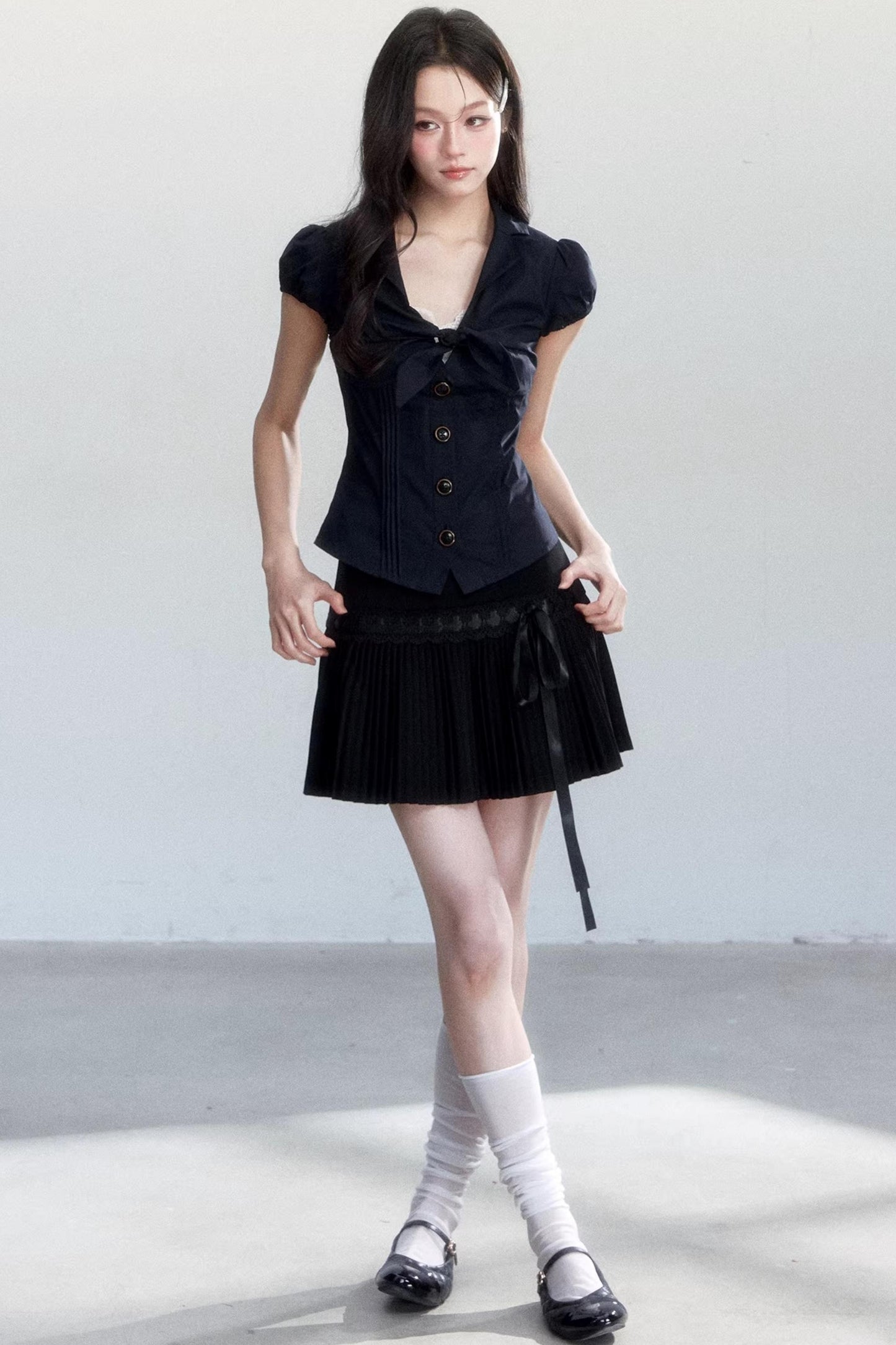 Textured Hollow-Out Tie-Up Blouse Set-Up