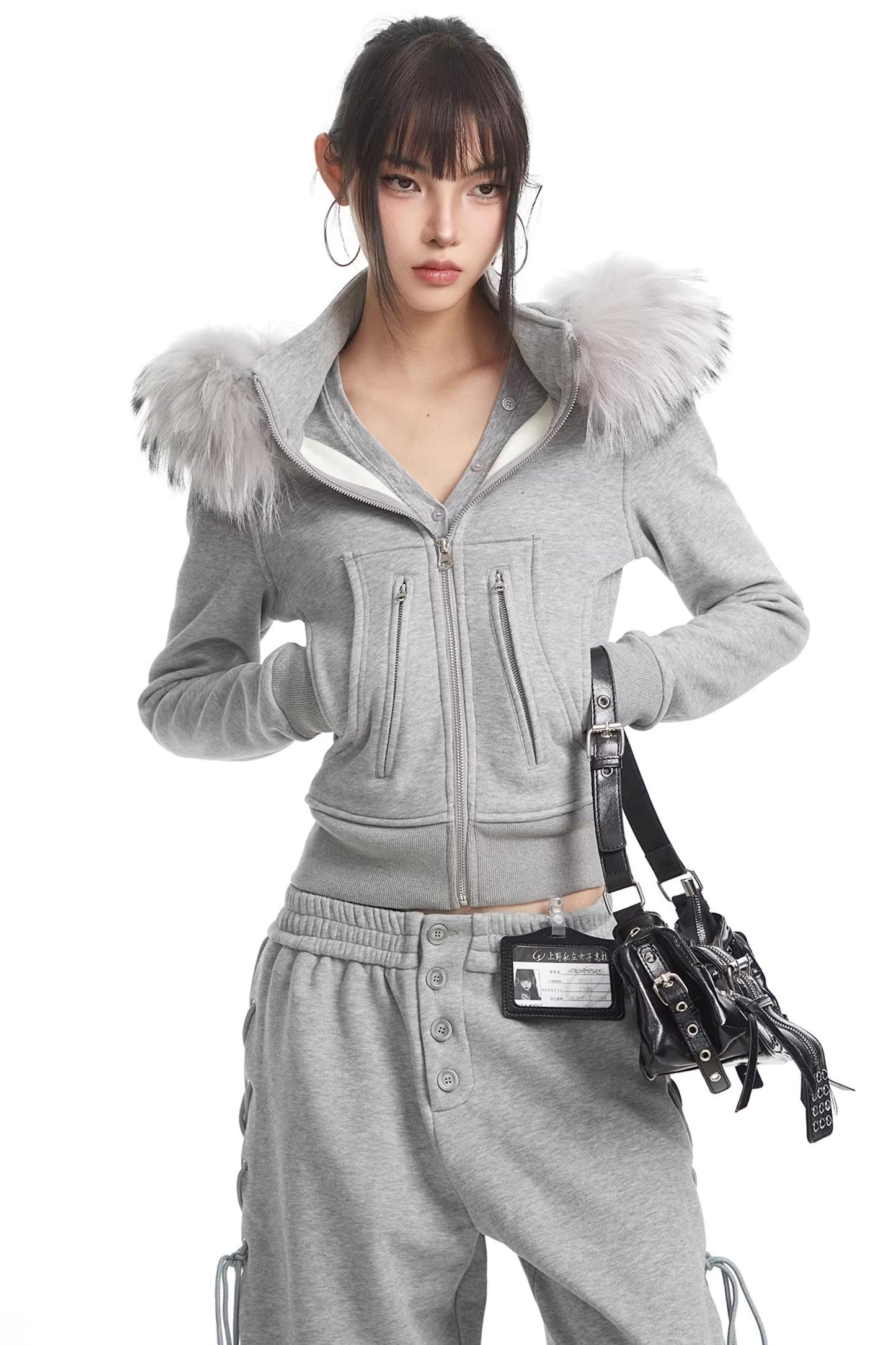 Korean Fur Collar Hooded Jacket Set-Up