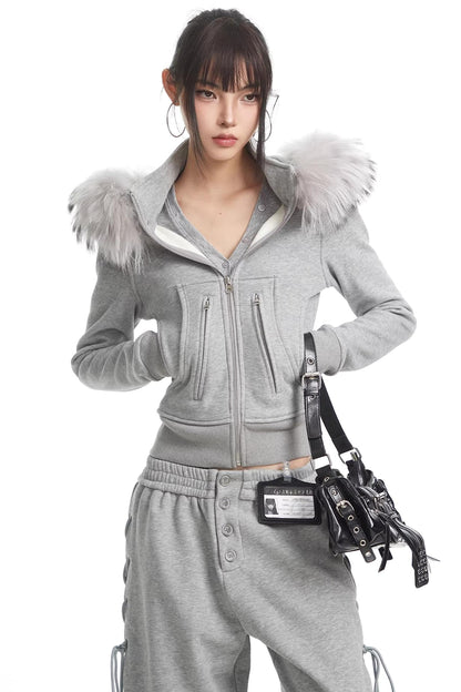 Korean Fur Collar Hooded Jacket Set-Up