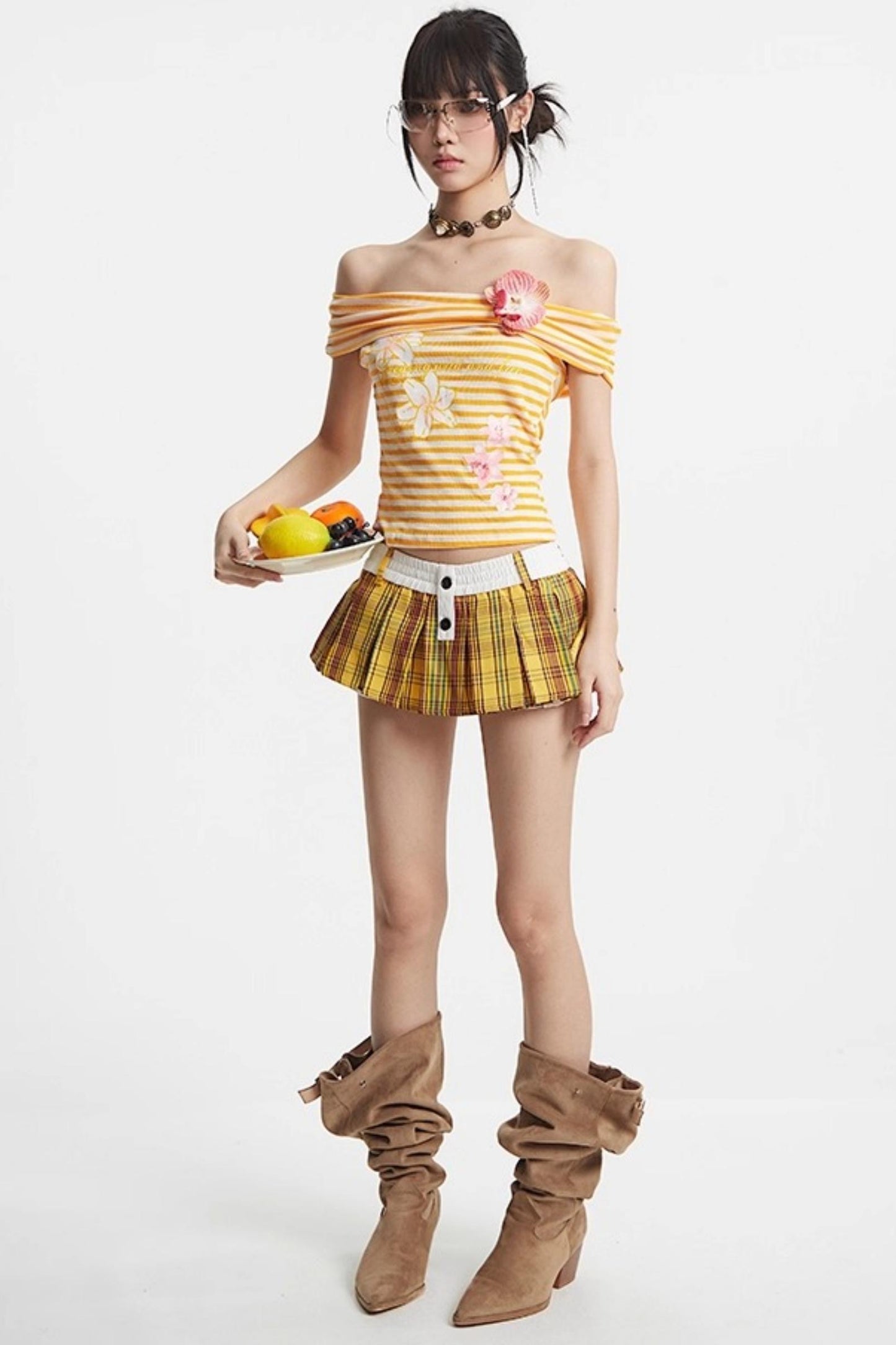 Puff Hem Sweet Plaid Mini Skirt