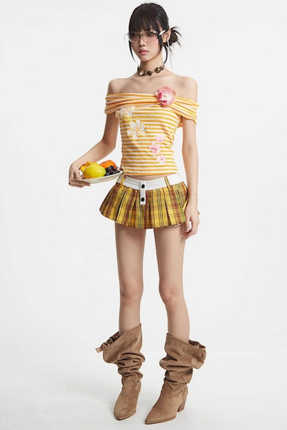 Puff Hem Sweet Plaid Mini Skirt