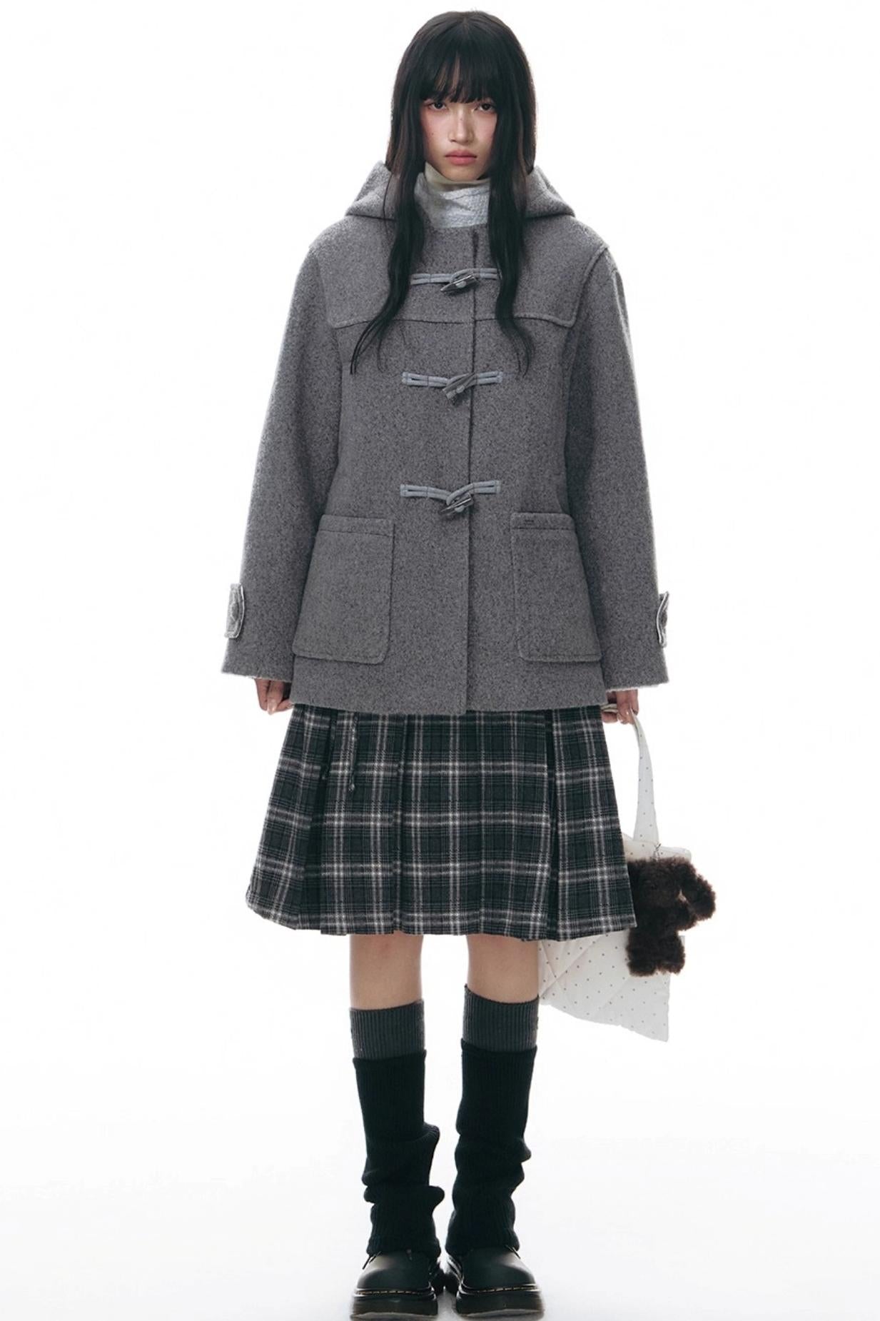 Double Waist Plaid Woolen Pleated Midskirt